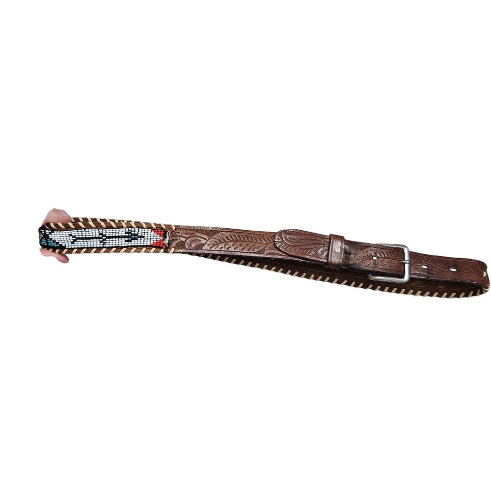 Vintage Tooled Steerhide Leather Belt With Beaded Design Metal‎ Buckle 32"